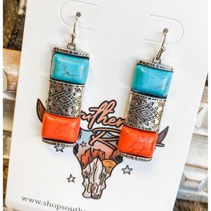 NEW Western Aztec Bar Earrings Red & Turquoise Jewelry